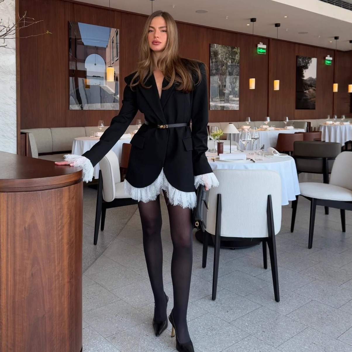 2025 Fashion Autumn New Women's Long Sleeve Lace Patchwork Elegant Blazer Dress