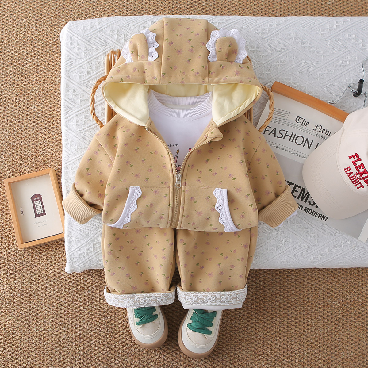 luxury kids clothing girls 2025 Girls 3-Piece Set, All Over Floral Print with Lace Trim, Spring Autumn Outfit for 1-5 Years Old Free Shipping