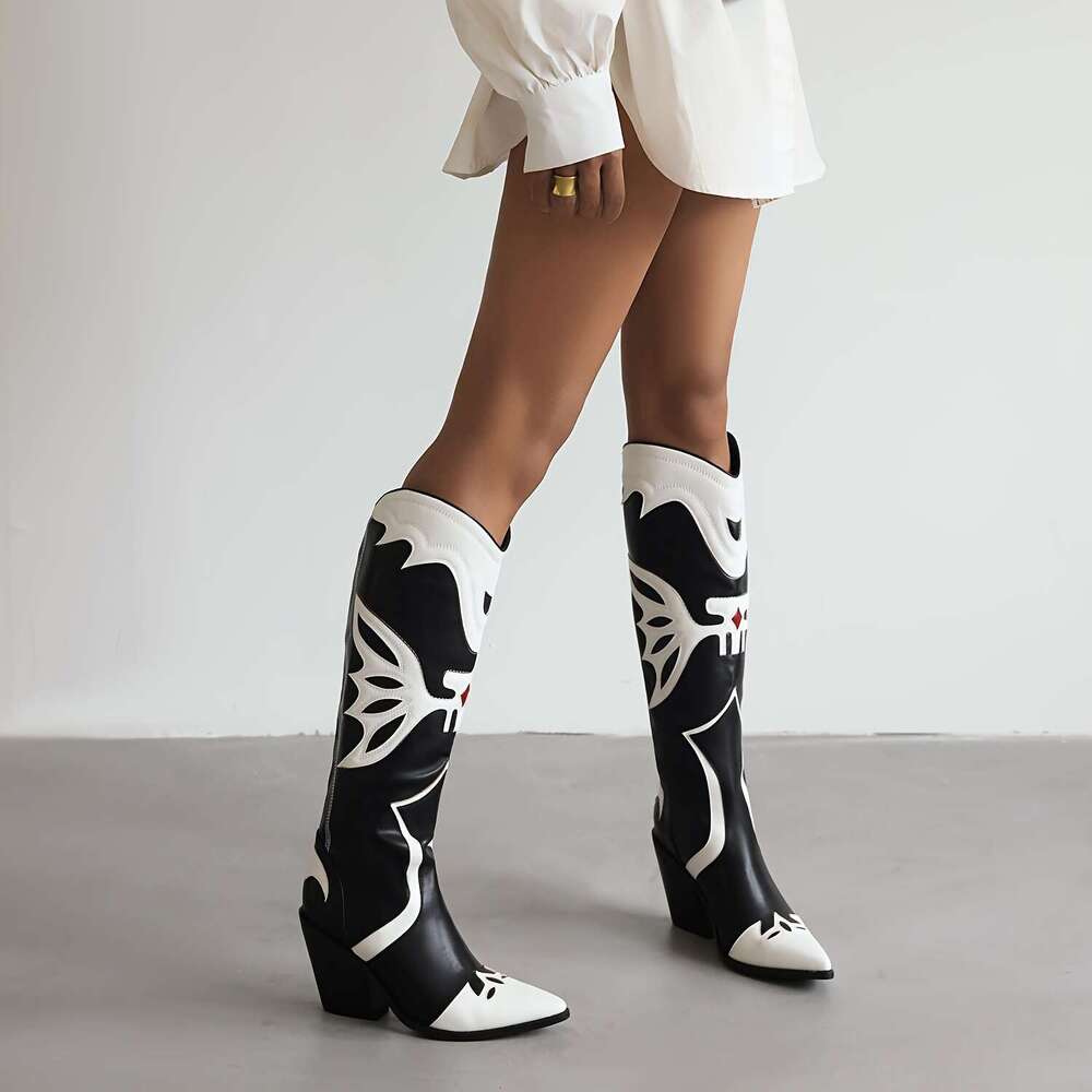 1Pr Women's Western Cowboy - Casual Geometric Pattern, Pointed Toe, Block Heel, Slip-On Knee-High Boots With Rubber Sole, PU Upper & Superfine Fi