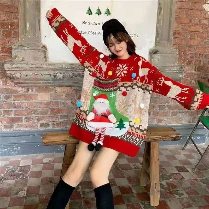Autumn And Winter Christmas Red Three-Dimensional Cartoon Decorative Knitted Sweater Female Lazy Wind Loose Round Neck Pullover