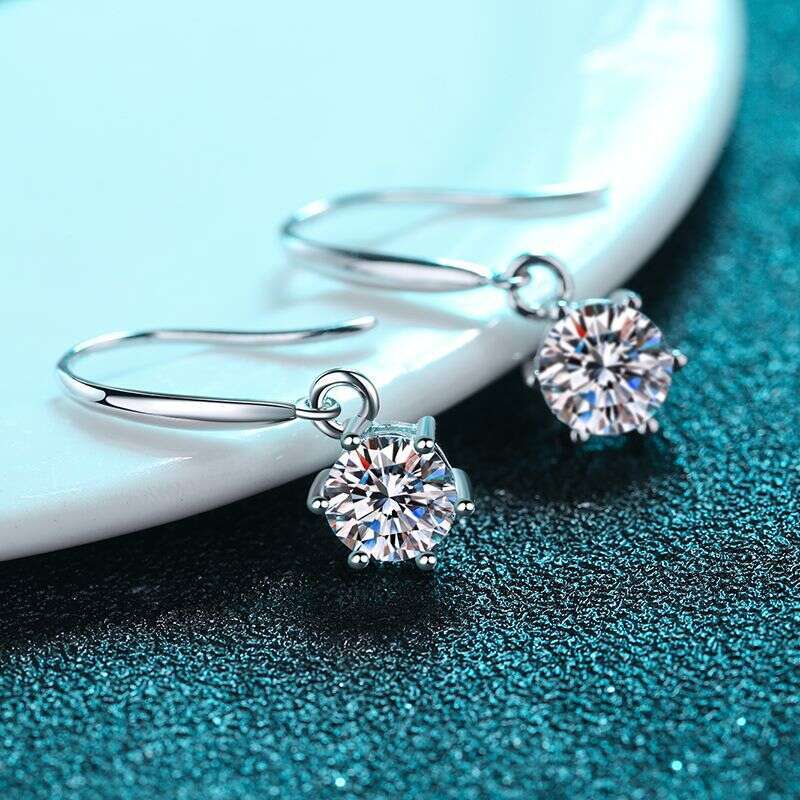 DHCollections-- S Pure Sier Ear Hooks for Women Six-Prong Moissanite Earrings Jewelry Plated with PT950 Gold Straight