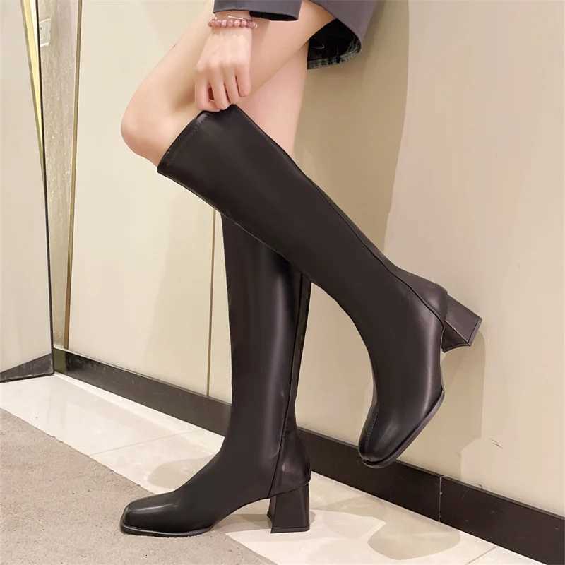 New Autumn and Winter Thighhigh Model Boots Thick Heel All Matching Slim Knight Boots Square Head Midheel Elastic Slim Boots W251024