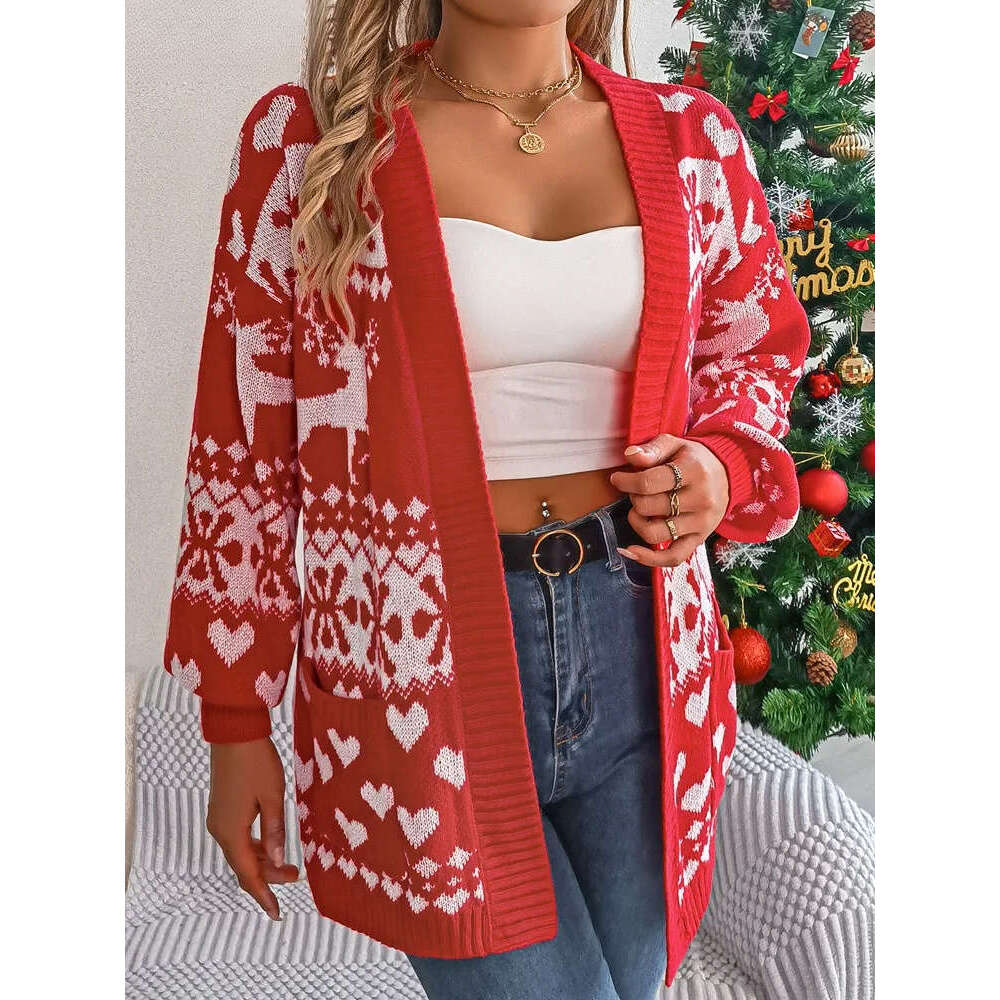 2025 Autumn Print Christmas Sweater Winter Women Casual Cardigan Lady Loose Long Sleeve Knitted Coat Outwears