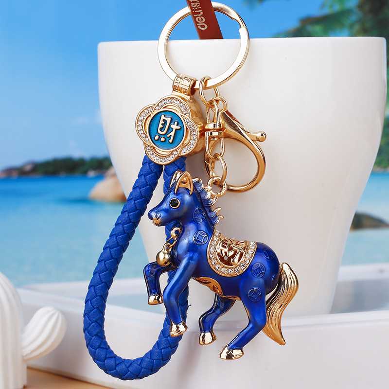 Lucky Wealth Creative Metal Rhinestone Horse Keychain Double-Sided Car Key Ring Cute Bag Charm Cartoon Key Chain Wholesale