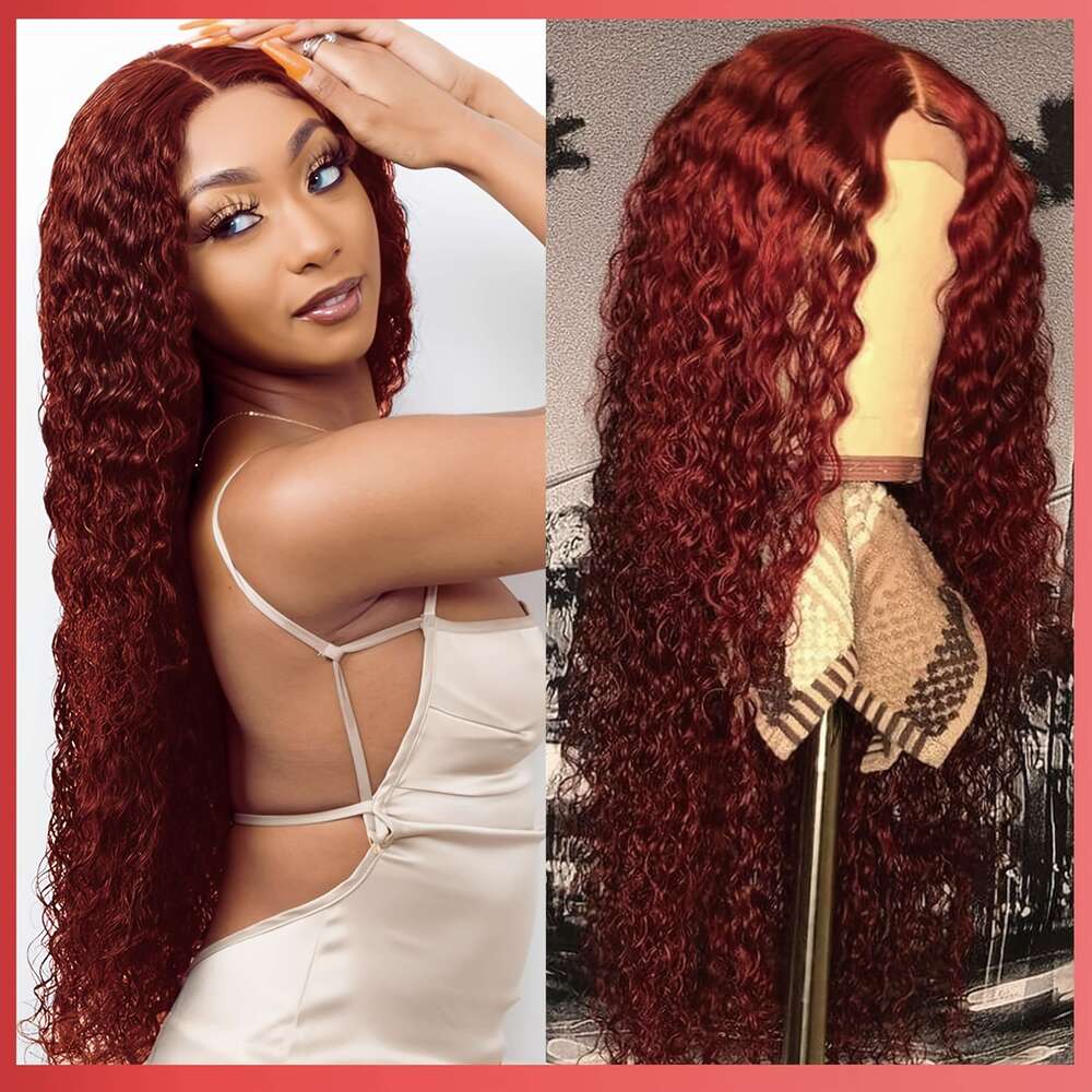 Women'S Brazilian Human Hair Glueless Wig HD Deep Wave 180% Density Red Natural Brown Base with Blonde Highlights, 5x5 Lace Front Closure, Comfor