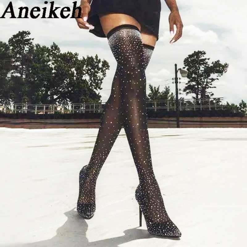 Aneikeh Sexy High Heels Sock OvertheKnee Boots Pointed Toe Design Crystal Rhinestone Stretch Fabric Pole Dancing Women Shoes W251024