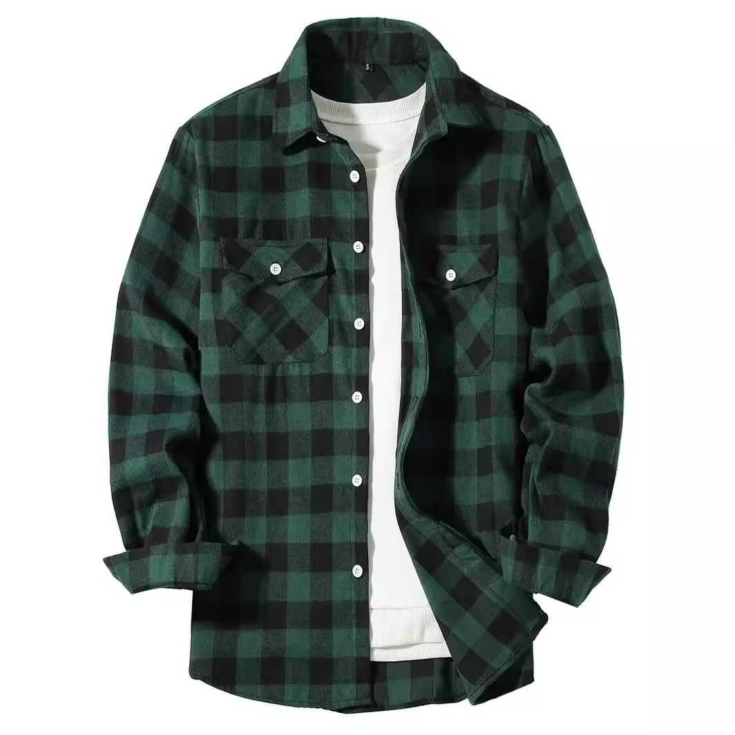 Cardigan Plaid Cotton Flannel Men's Plaid Shirt Fashion Hooded Casual Turn-down Collar Long Sleeve Shirt for Men
