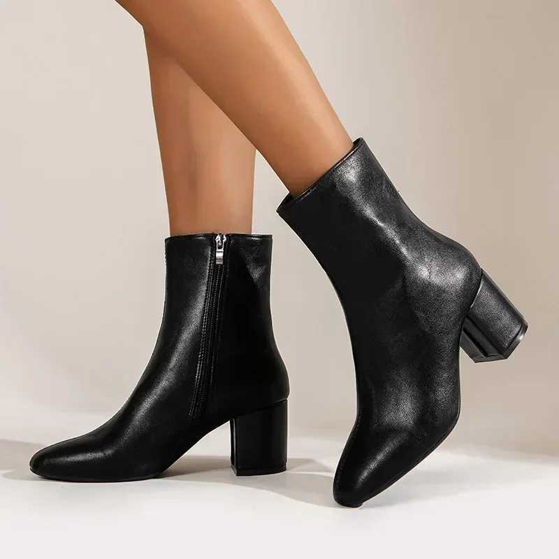 White Ankle Boots for Women Side Zipper Stretch Middle Heel Large Size Short Boot Fashion Pointed Shoes Botas De Mujer 2024 W251024