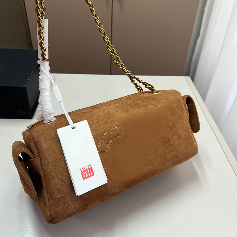 Women Designer Suede Underarm Bowling Bag Embroidery Letters Pattern Gold Matelasse Chain Flap Pockets Square Shoulder Handbag Outdoor Makeup Suitcase 30cm