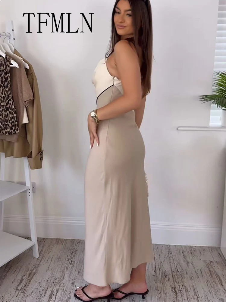 TFMLN Elegant Women Patchwork Slim Strap Dress 2025 Summer Pile Collar Sleeveless Beach Party Dress Sexy Asymmetrical Midi Dress 251023