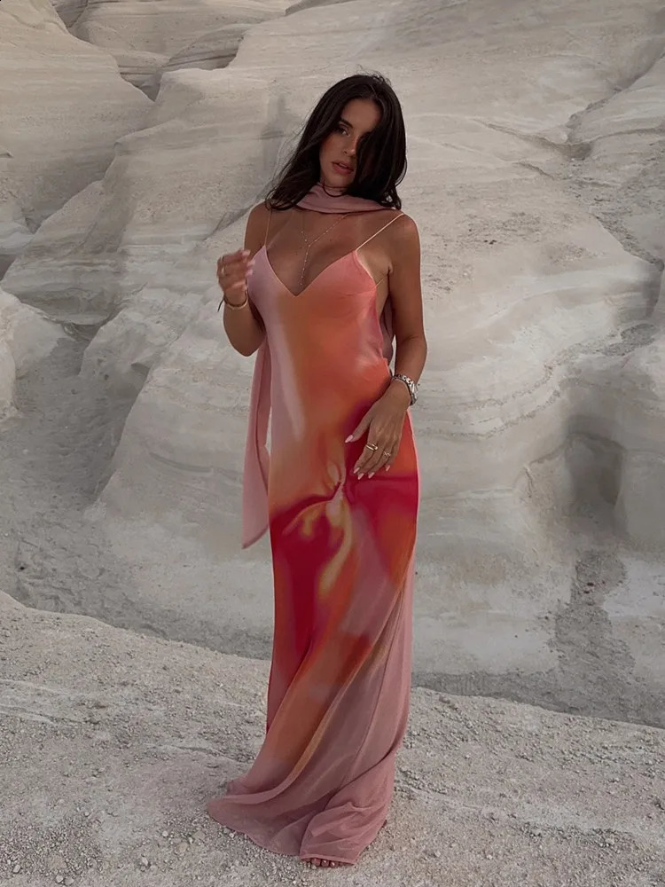 UNIZERA Scarf Printed Backless Long Dress 2025 Summer Arrivals Womens Wear Elegant Satin Textured Dress 251023