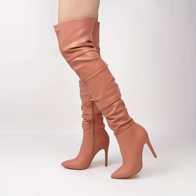 Women's Solid Color Stiletto Heeled Fashion Point Toe Over The Knee Boots, Stylish Side Zipper Faux Leather Boots
