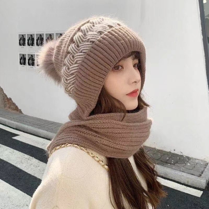 for Women Autumn Cute Hat Knitted Cold Ear Neck Protection Thickened Wool Scarf Integrated Winter Warmth