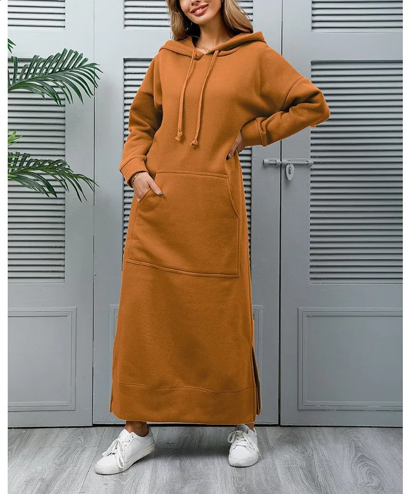 Hoodies Dress for Women Fashion Hem Laceup Midi Robe Hooded Long Vestidos Winter Warm Casual Loose Sweatshirt Dress 251023