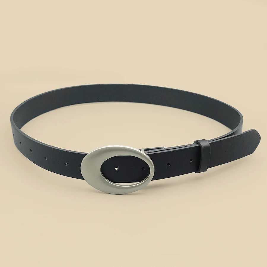 Black Casual Womens Belt Oval Hollow Matte Buckle Retro Pu Leather Fashionable Belt Dress Jeans Shirt Accessories W251024