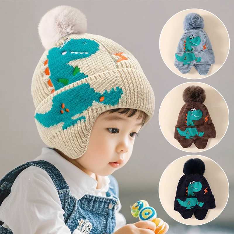 Cute Dinosaur Baby Knitted Hat Winter Warm Kids Earmuffs Cap 28year Boys Girls Woolen Crochet Bonnet Cartoon Children BeaniesL251024
