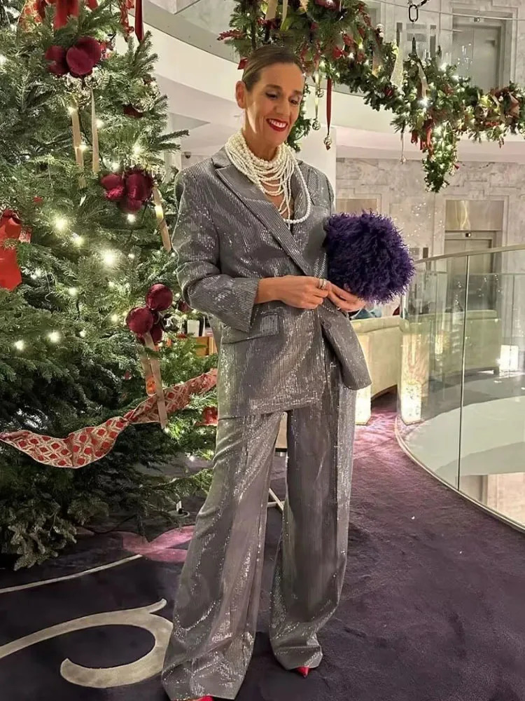 HH Women 2 Piece Suit Long Sleeves Lapel Pocket Sequins Decorate Single Breasted BlazersHigh Waist Zipper Side Pockets Pant 251023