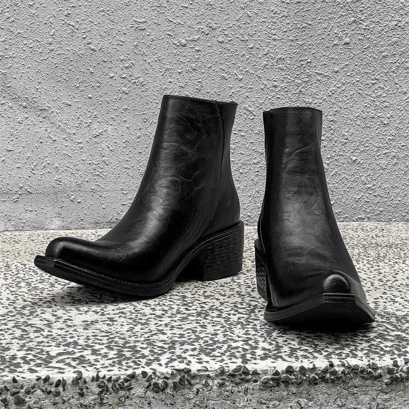 New Mens Retro SolidColor Leather Ankle Boot ThickHeeled WesternStyle Zipper Casual Boot Elegant And Comfortable Party Boots W251024