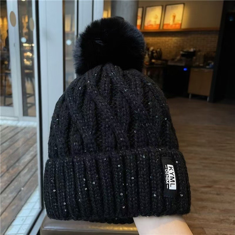New Korean Style Sequin Hat Women, Thickened Warm for Autumn and Winter, Cute Pom-Pom Versatile Knitted Hat, Trendy