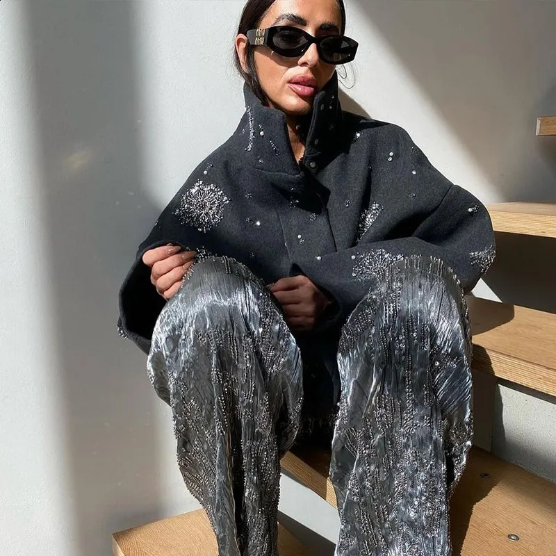 Casual Embroidery Beading Loose Women Coat Lapel Collar Bat Sleeve Solid Wool Blend Jacket 2025 Lady Spring Outerwear 251018