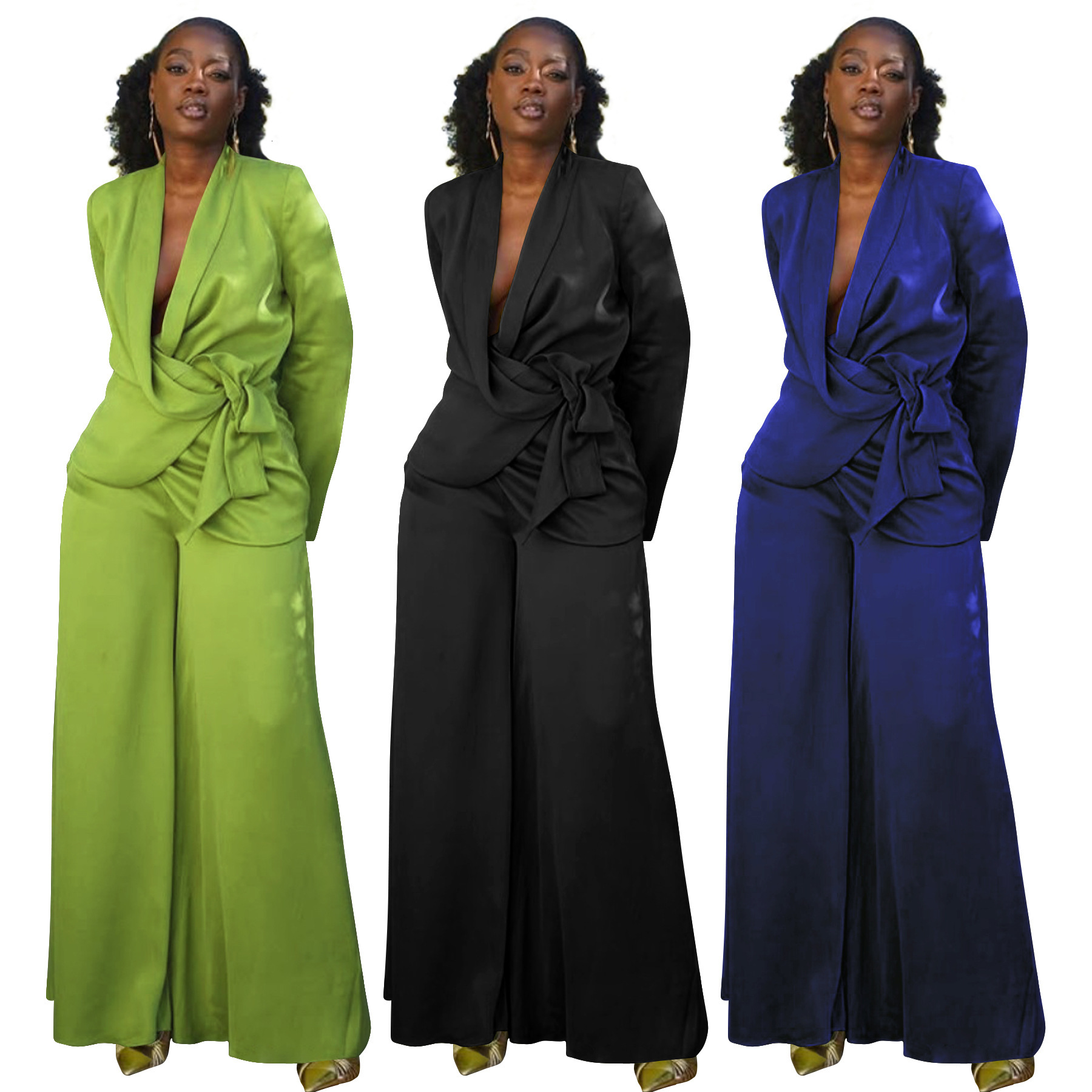Designer's new European and American women's clothing autumn and winter solid color suit tie top cardigan wool sweater wide leg pants set