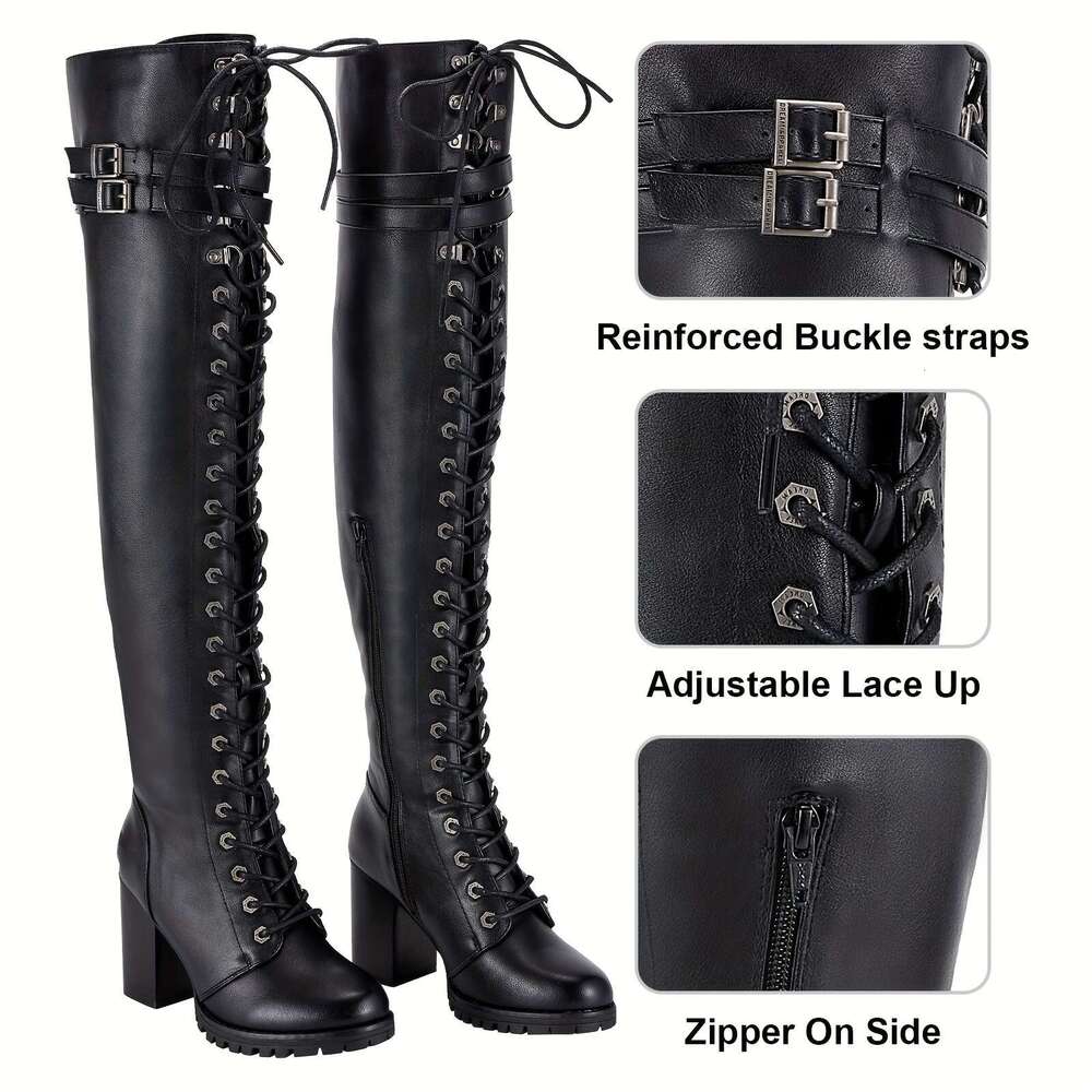 Women's Faux Leather Over The Thigh Boots, Black Lace Up Knee High Chunky Heel, Sexy Biker Boots With Buckle