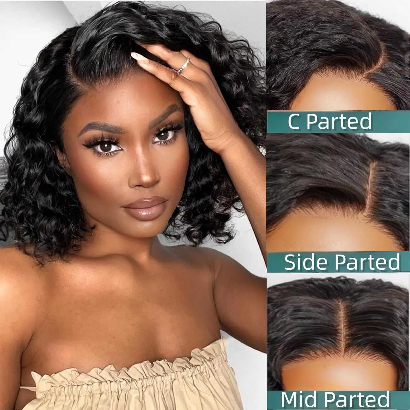 Short Curly Water Wave Human Hair Bob Wigs 13x4 HD Lace Frontal Human Hair Deep Wave Transparent Lace Front Wigs For Women 180 W251023