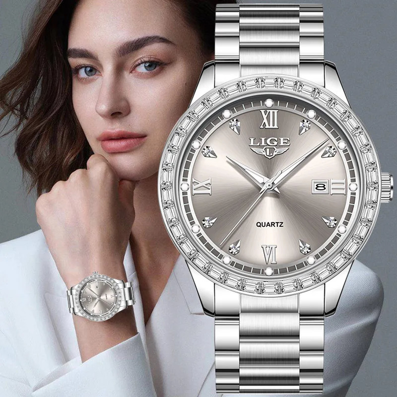LIGE elegant womens watch Fashion waterproof clock luminous stainless steel business quartz watch for Women reloj de mujerBOX 251021