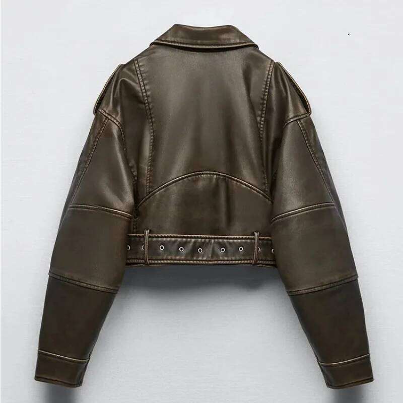 Vintage Loose Pu Faux Leather Short Jacket With Belt Streetwear Female Zipper Retro Moto Biker Coat Outwear Tops