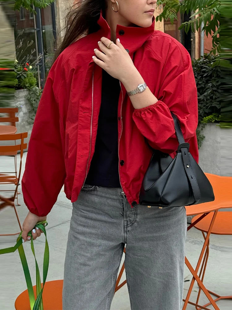 Casual Solid Womens Bomber Jackets Loose Zipper Single Breasted Stand Collar Lady Coats 2025 Autumn Fashion Female Jacket251018