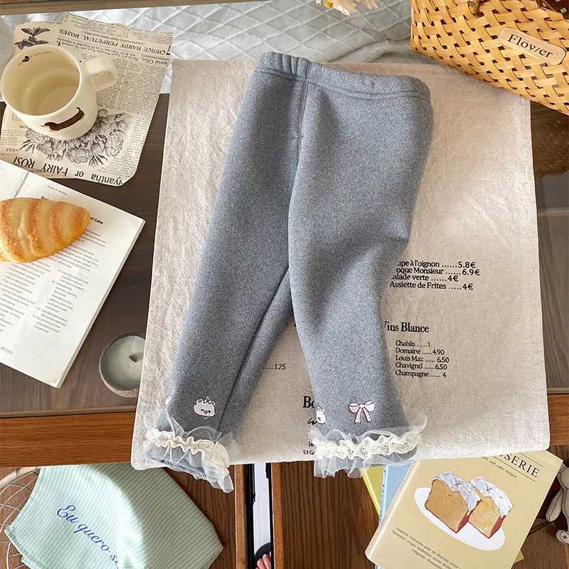 Baby Girls Gray Velvet Leggings Autumn Winter New Infant Girls Cartoon Printed Lace Splicing Slim Warm Trousers 06Years OldT251024
