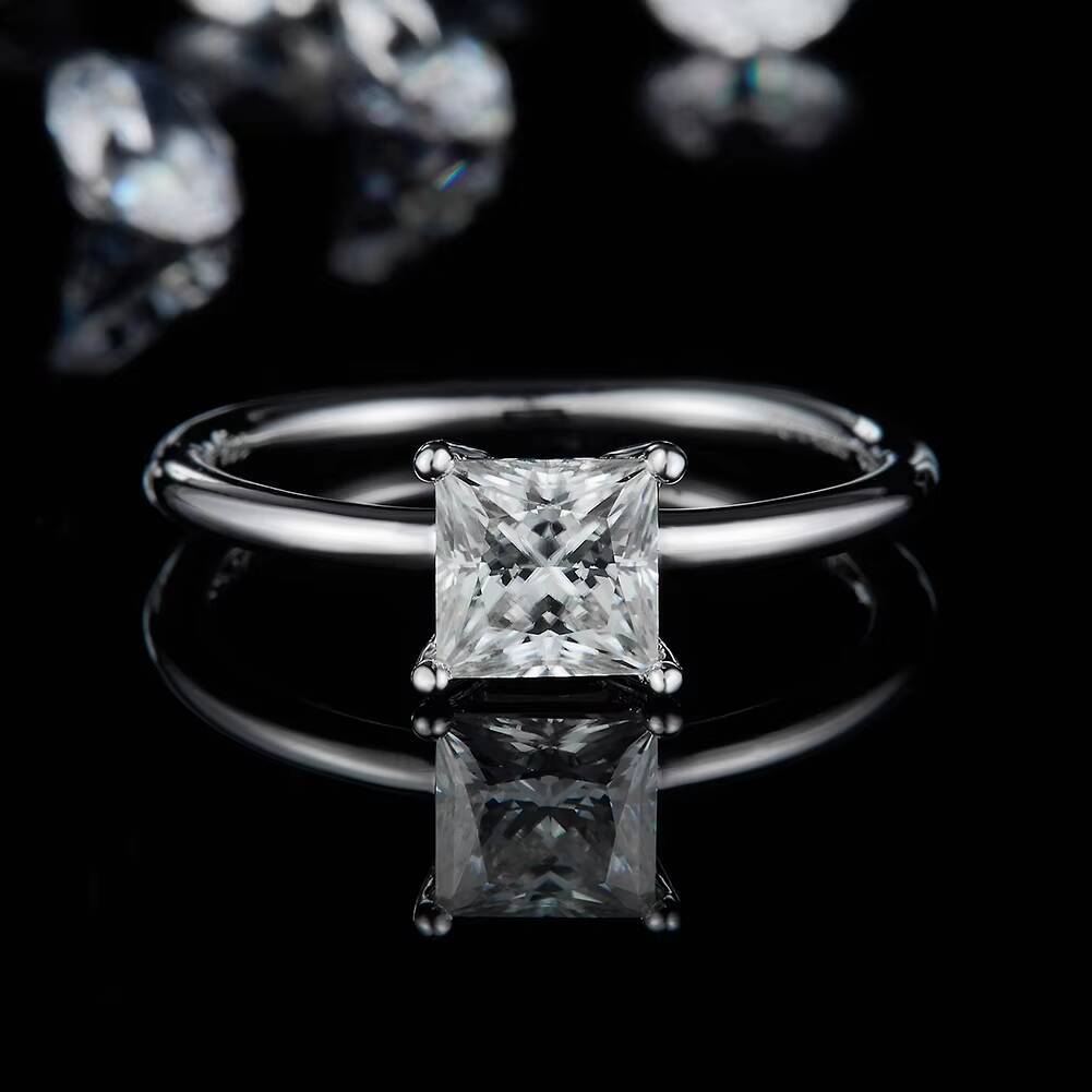RINNTIN SMR57 Solid 925 Sterling Silver 1ct 55mm Princess Cut Moissanite Solitaire Engagement Rings for Women
