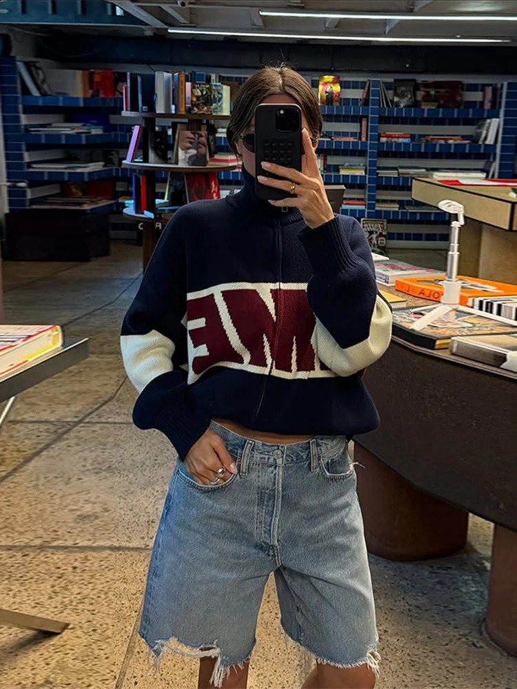 Fashion Letter Embroidery Womens Sweater Women Simple Lapel Zipper Oversized Short Jumpers Autumn Warm Knitwear Cardigan 251023