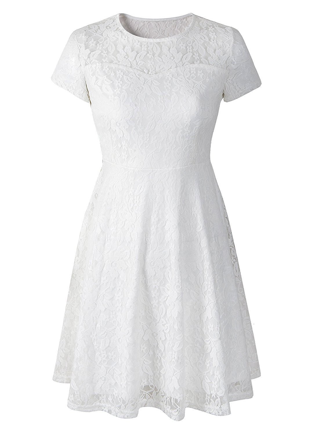 Summer Elegant Fashion Round Neck Short Sleeve Lace Trim Dress