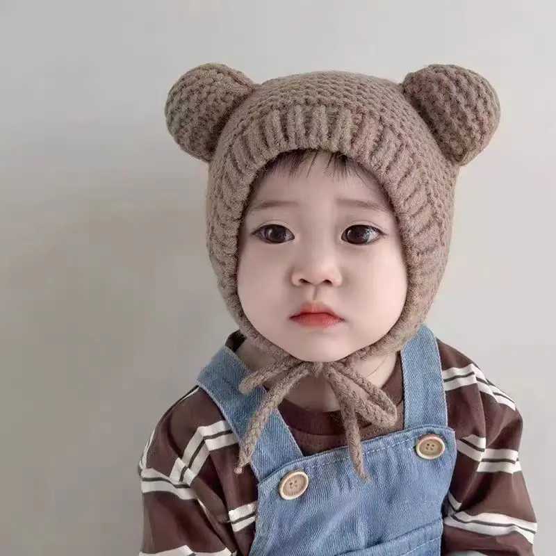 Cute Baby Ear Protection Kint Hat Winter Warm Kids Laceup Beanie Solid Color Wool Pullover Cap 624MonthInfant Headgear BonnetL251024