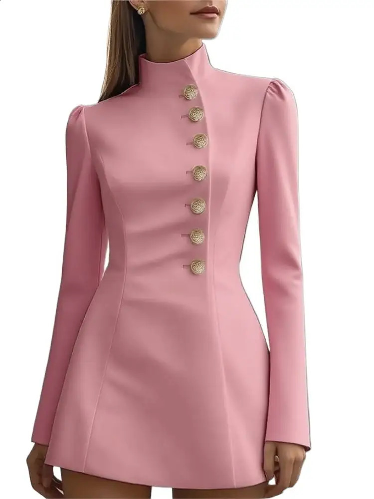 White Black Pink Button Blazer Dress Spring Autumn Turtleneck Long Sleeve Single Breasted Mini OL Workwear Business Dresses 251020