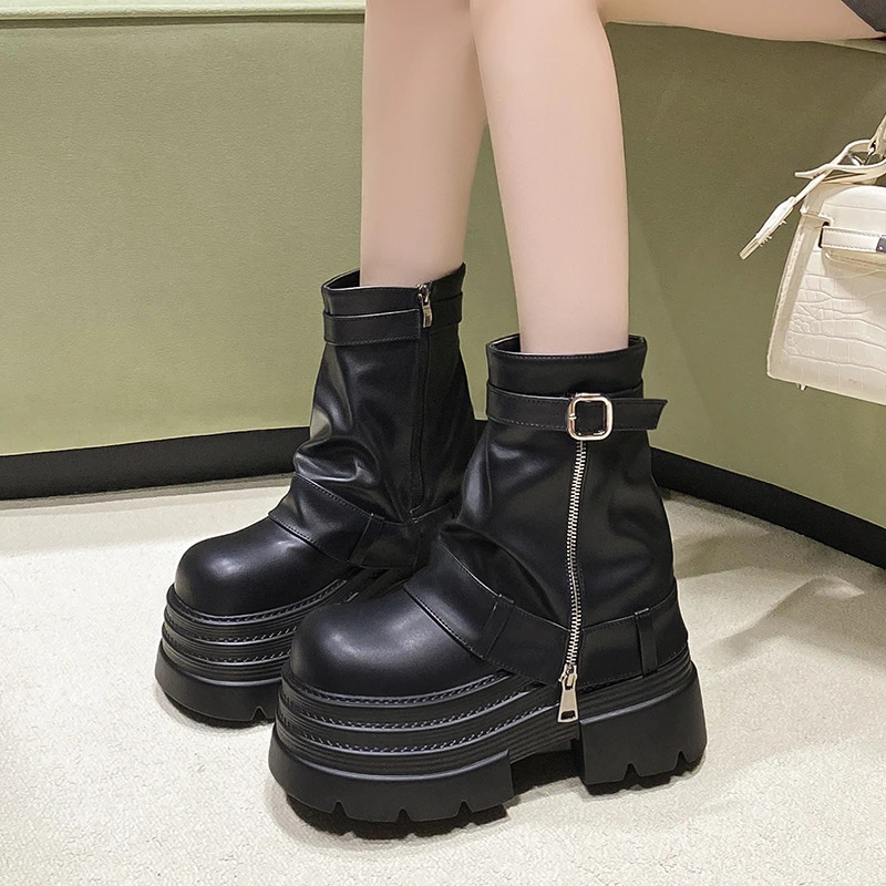 Womens Autumn Winter Leather Ankle Boots 10CM Heels Chunky Platform Combat Boots Non Slip Motorcycle Shoes Woman Punk Boots 251023