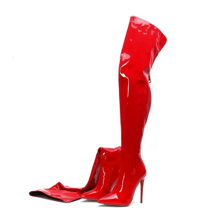 Womens Boots Over The Knee Sexy Chelsea Boots 12CM Stiletto Fashion Pointed Toe Rear Zipper Bright Leather Boots Women Shoes 251023