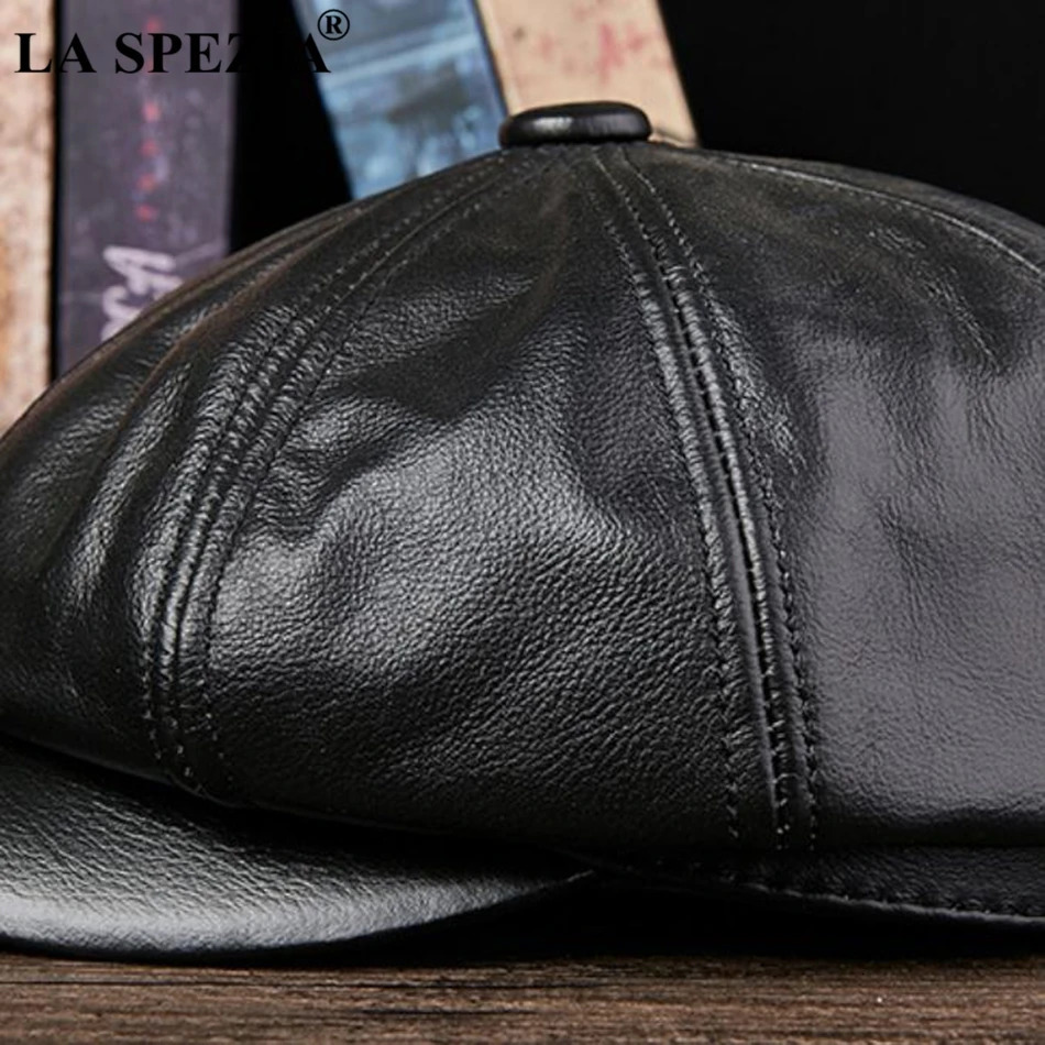 LA SPEZIA Black sboy Hats For Men Genuine Cowskin Leather Octagonal Cap Male Autumn Winter Fitted Vintage Duckbill Hats Beret 251021