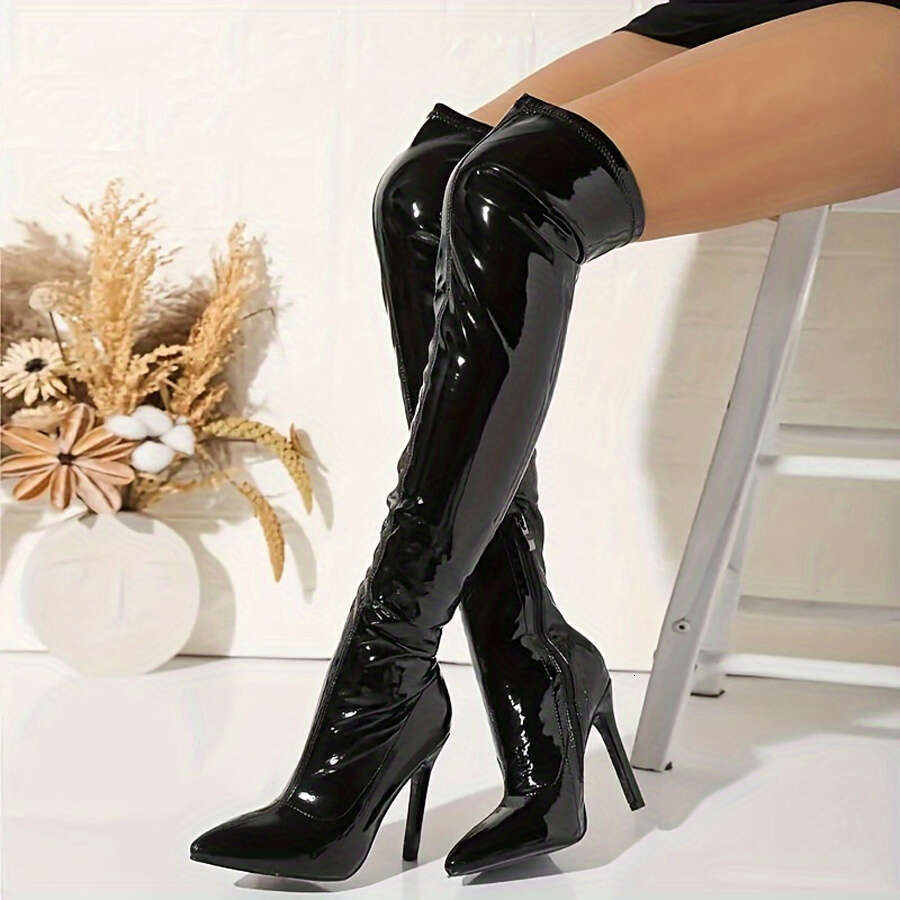 Fashionable Women's Knee High Slim High-Heeled Boots With Side Zipper Elastic Fit, Perfect For Casual And Wearing Ocns