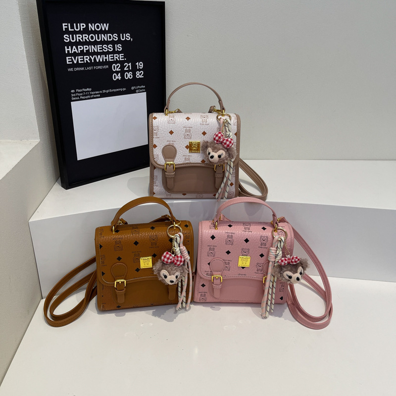 Designer bag trendy contrasting printed small square bag casual and versatile commuting backpack for women pink brown white