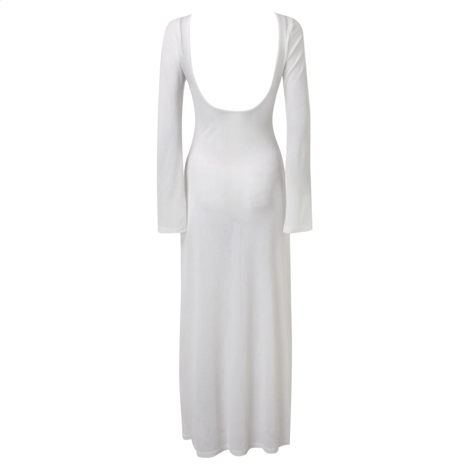 Sexy Women Long Knit Sleeve Bikin Backless Solid Dresses Fashion Cover Up Female SeeThrough HollowOut Beach Knitwear Dress 251023