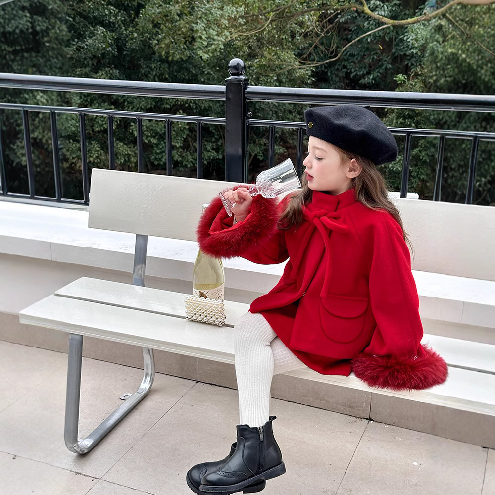 New Fashion Design Fox Leather Detachable New Year's Red Wool Coat and Skirt Fashion Set for Girls