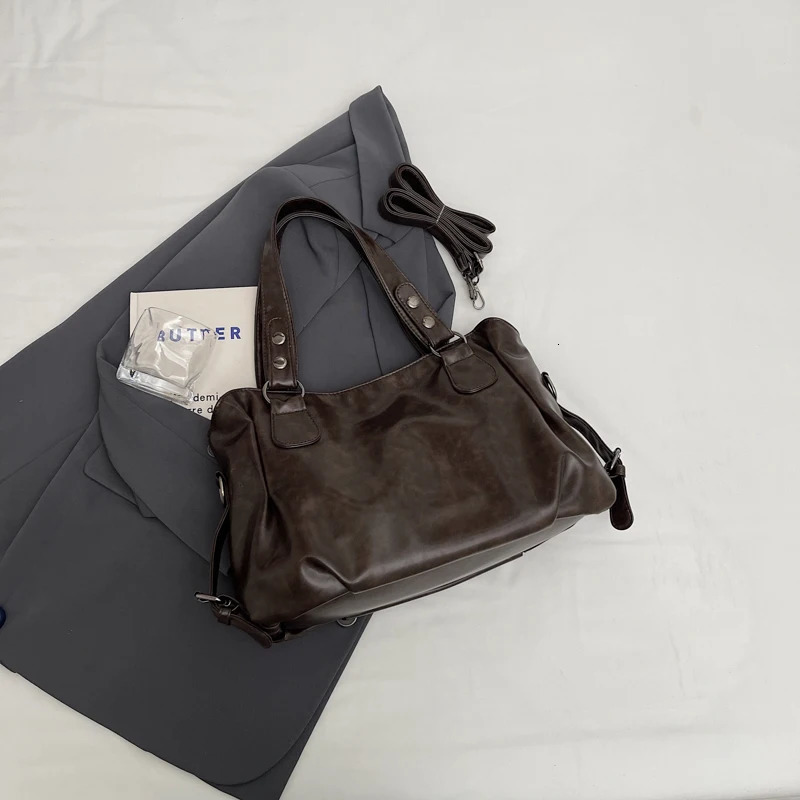 1 Piece Womens Pure Color Pu Retro Large Capacity Shoulder Tote Bag 251023ww