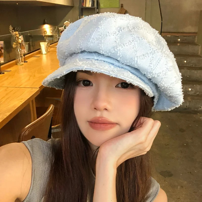Korean Niche Solid Color Berets Caps for Women Summer and Autumn Rough Edge Plaid Versatile Retro Octagonal Hats 251023