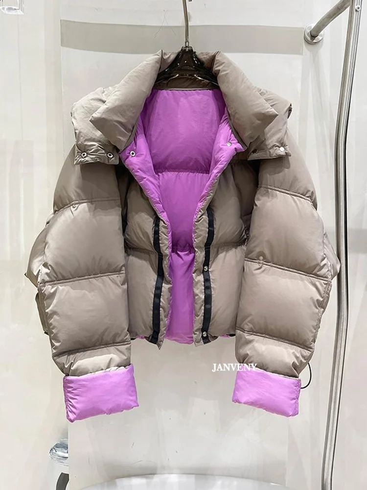 Janveny Winter Contrasting Color Hooded Cropped Puffer Jacket Women Two Sided Thickened White Duck Down Warm Bread Coat 251023