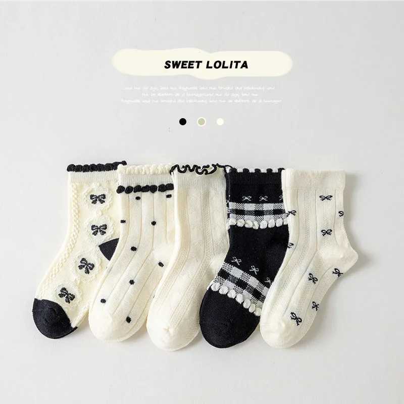 Trendy Cotton Solid Children Girls Lace Socks 5 Pairs Bow Ties Soft Breathable Striped Nonslip Half Princess Socks for Girls J251024