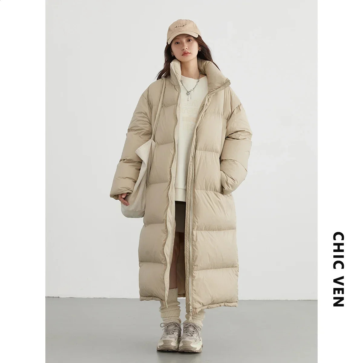 CHIC VEN Women Down Coats Long Thick Warm Down Jackets Overcoat White Duck Down Loose Casual Jacket Autumn Winter 251020
