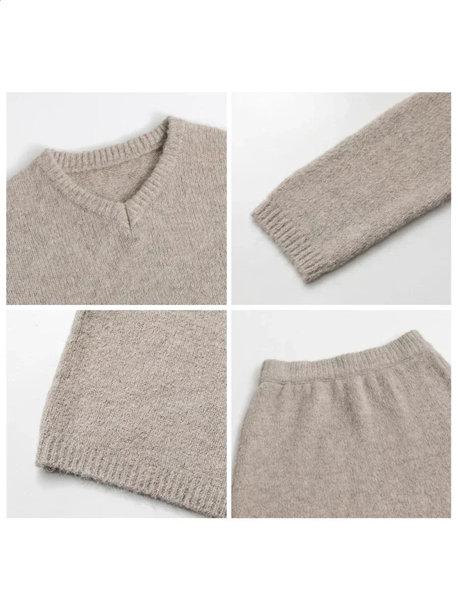 CHIC VEN Fashion Women Skirt Set Pullover Loose Mini Vneck Solid Sweater Straight Leg Skirts Spring Autumn 251020
