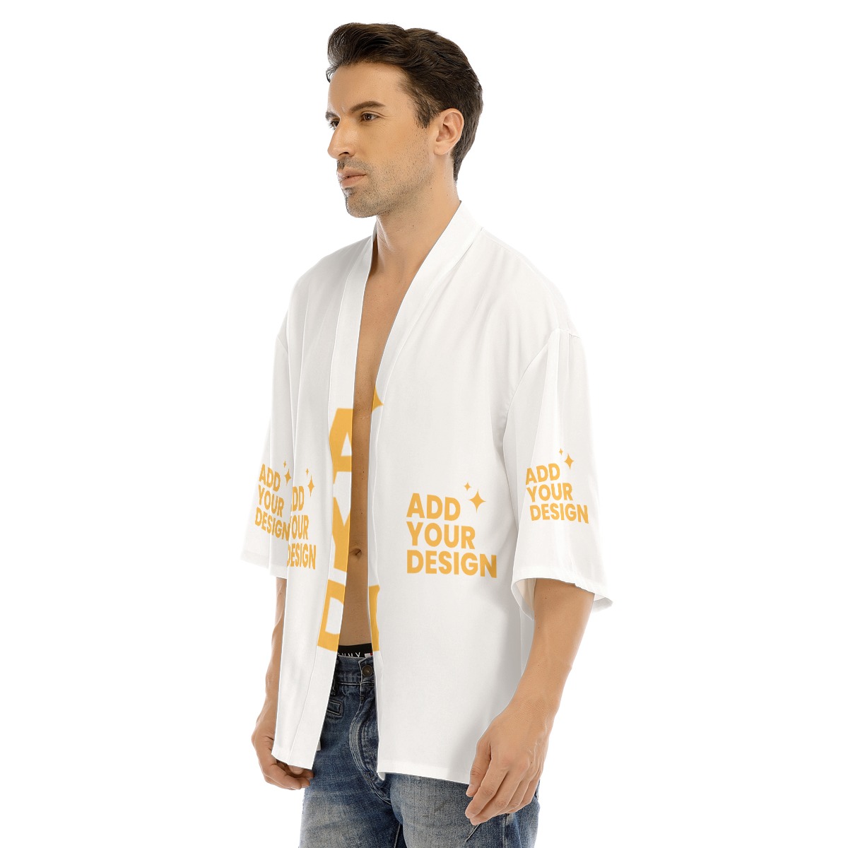 DHgatepod Men's Drop Shoulder Short Jacket - All-Over Print Non-Stretch Open Front Duster for Layered Streetwear